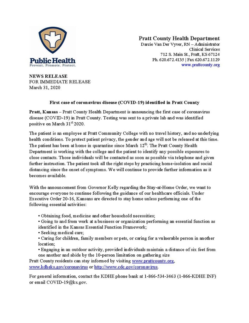 Pratt County Health Dept Press Release